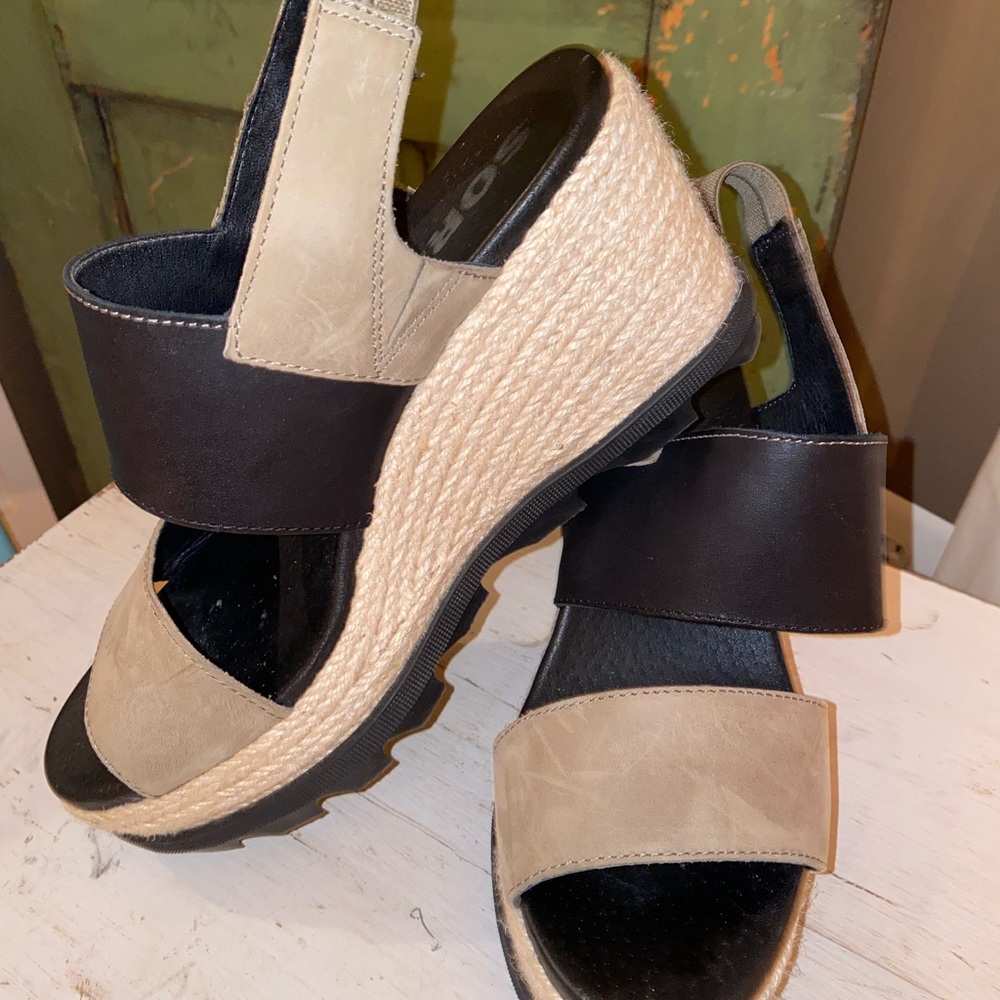 Sorel Joanie II Leather Jute Sage Slingback Womens Wedge Sandals Size 9.5M